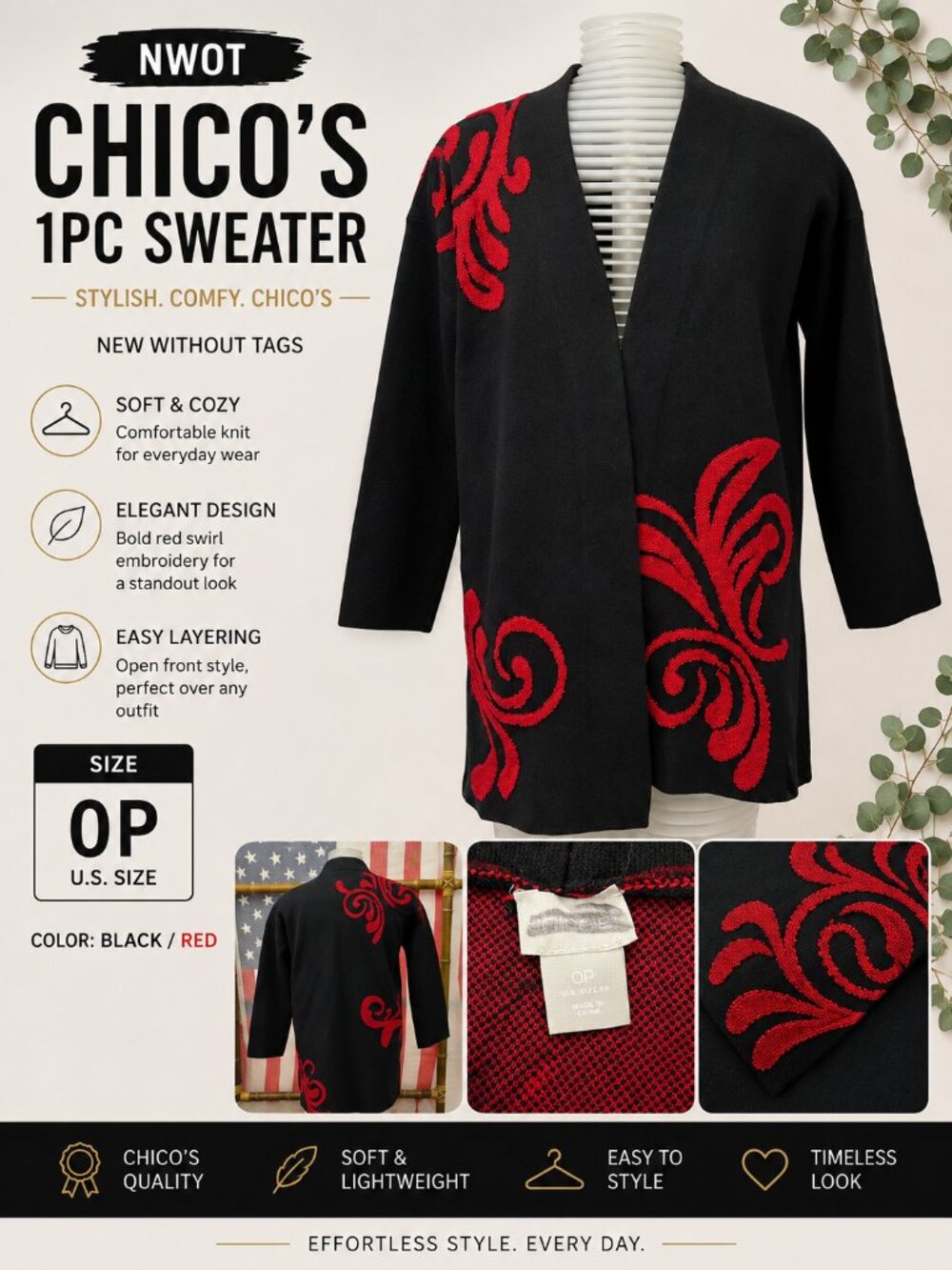 NWOT Chico's Black Red Open Front Cardigan Sweater Women's Size 0P